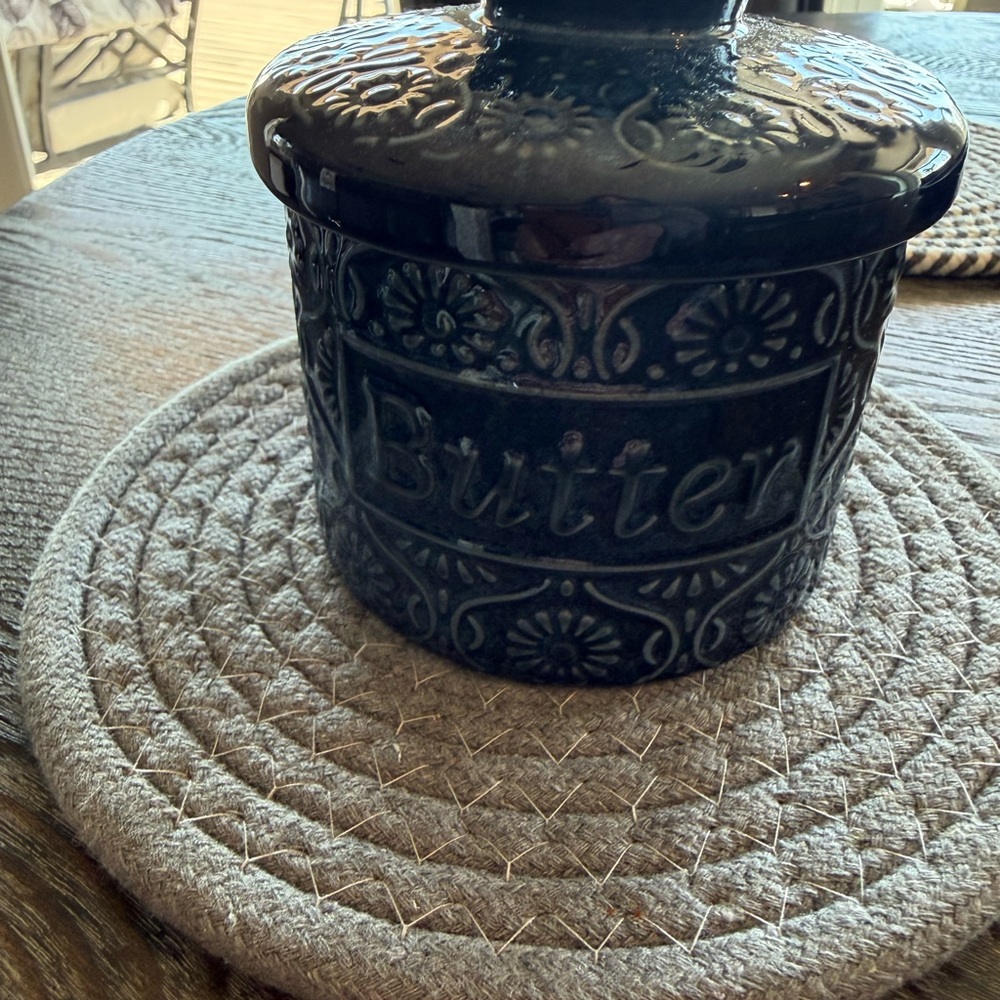 Blue Embossed Ceramic Butter Crock